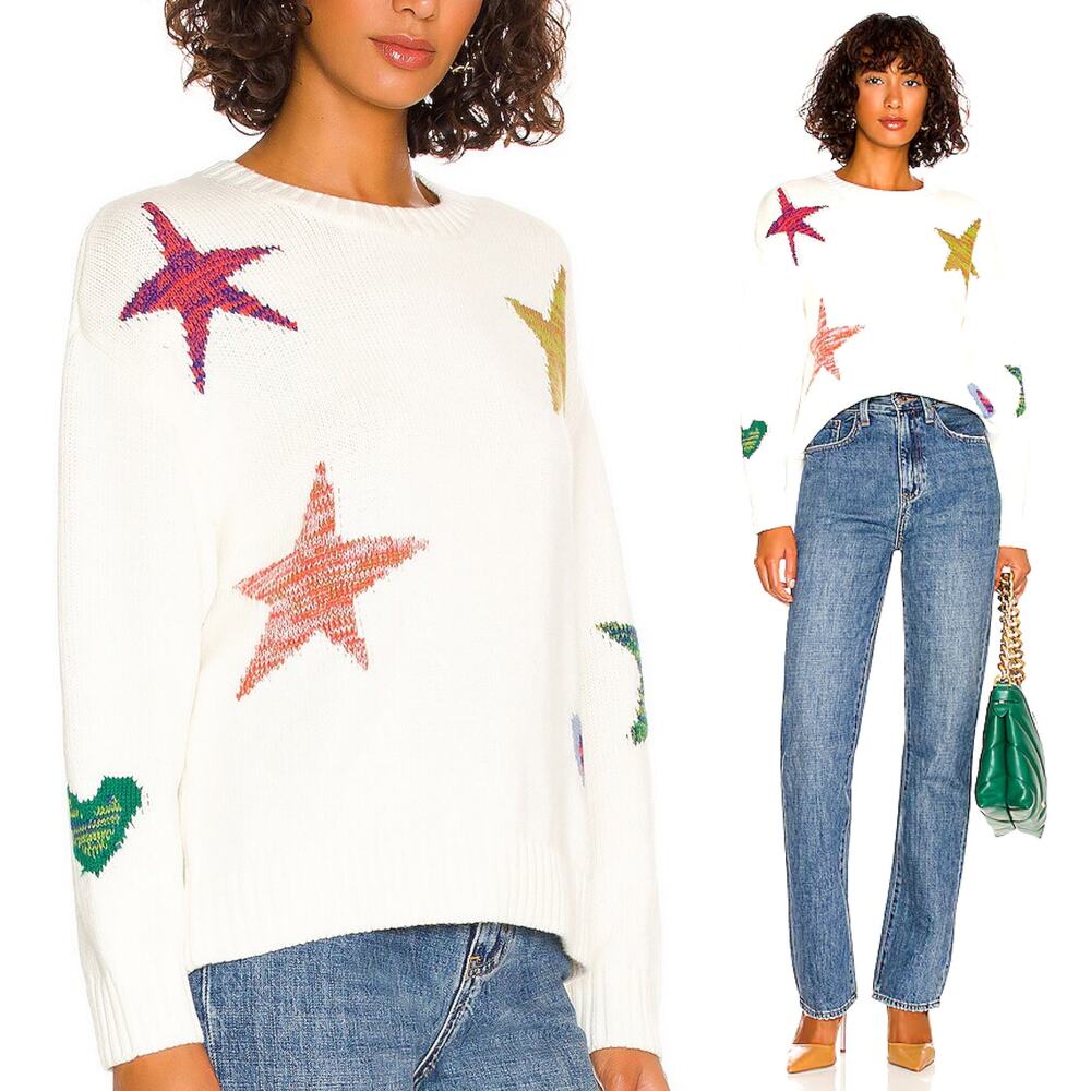 Rails Zoey Ivory Rainbow Stars Knit Sweater XS Cotton Cashmere Blend Chunky